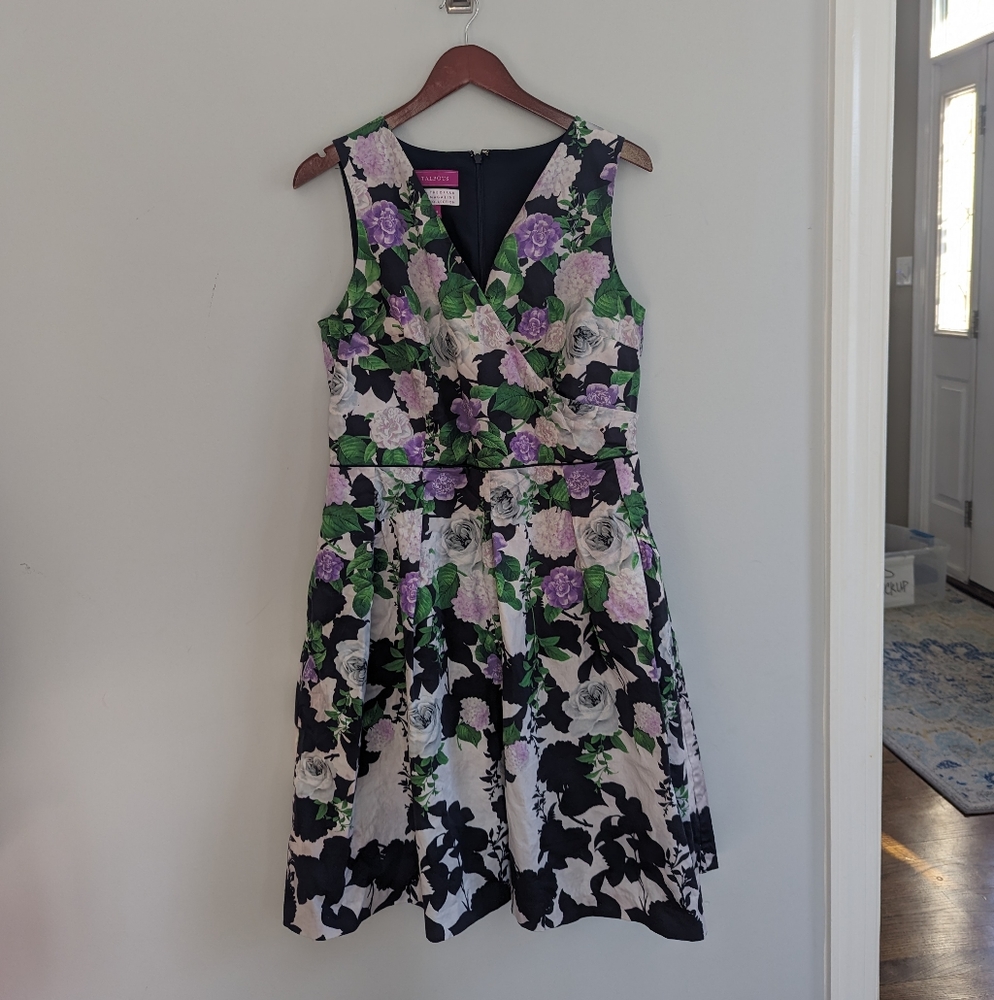 Women's Talbots Oprah Navy White Floral Aline Pleated Dress 14 Spring Easter